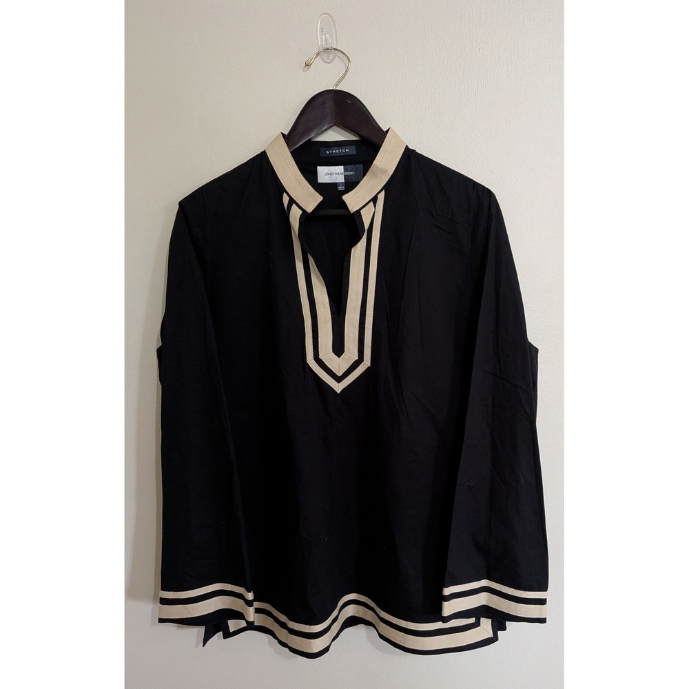 Jones Wear Studio Black/Tan Split Neck Tunic Blouse Minimalist Coastal Large